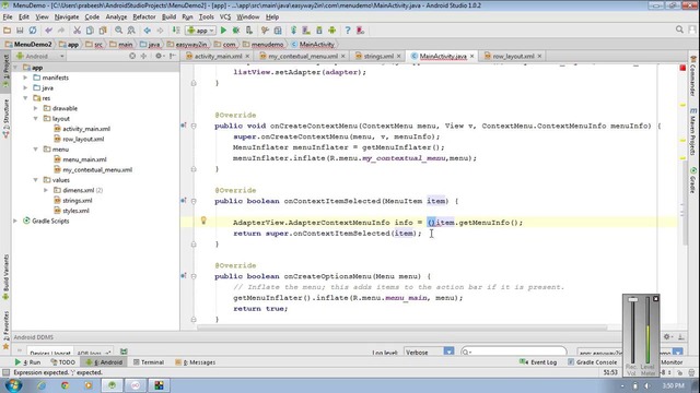 Android Studio Tutorial – 25 – Handling Click Events of Floating Context Menu