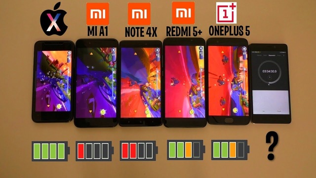 Кто дольше продержится Iphone x, Redmi 5 plus, Redmi Note 4x, Mi a1 или Oneplus 5