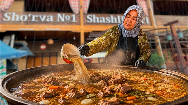 COOKING 1,000 LTRS OF MEATY SOUP! Giant Lamb Kebabs & Street Food in Tashkent Old City