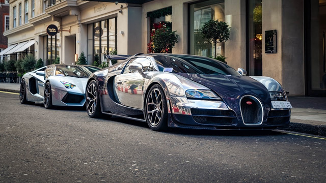 CHROME Bugatti Veyron Vitesse and Capristo Lamborghini Aventador Convoy in London! Big FLAMES
