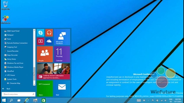 Демонстрация меню «Пуск» в Windows 9