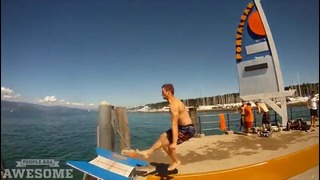 Trampoline flips into the lake | people are awesome