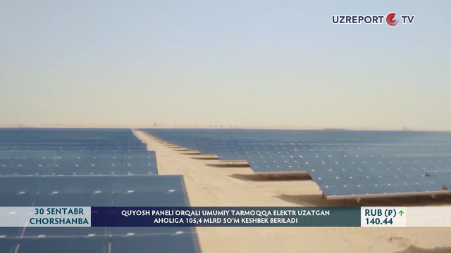Quyosh paneli orqali umumiy tarmoqqa elektr uzatgan aholiga 105,4 mlrd so’m keshbek beriladi