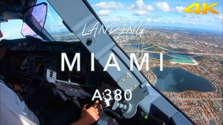 Красивый заход на посадку в Майами Аэробуса А-380 из кабины пилотов