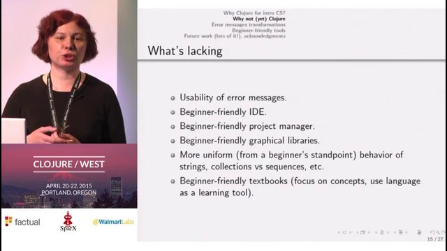 Clojure West 2015 – Elena Machkasova – Adapting Clojure to an Intro CS Classroom