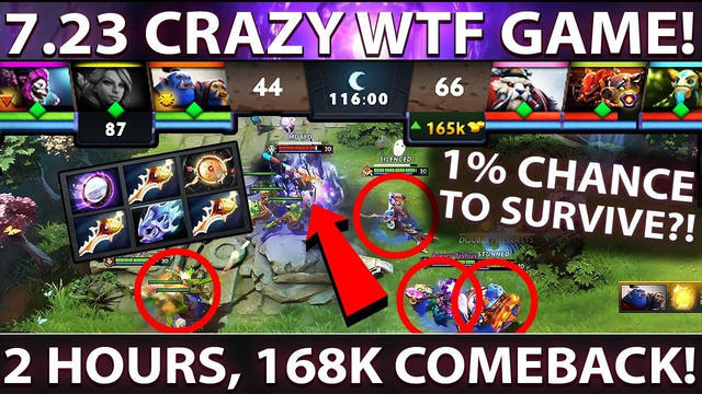 2 Hours Most WTF Match on New Patch 7.23 – 165k COMEBACK vs 25lvl Techies