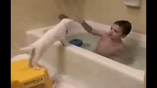 Котэ и ребёнок в ванной