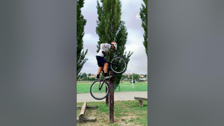 Guy Climbs Up Wooden Pole on His Bike