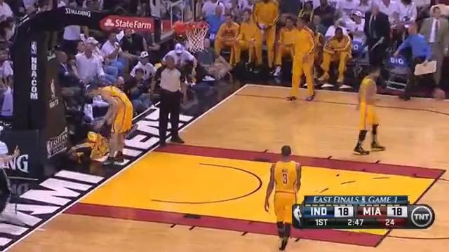 Shane Battier knees Roy Hibbert in the Groin Heat-Pacers Game 1