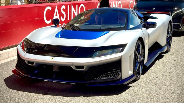 Blue carbon Ferrari F80 arrives at Monaco Grand Prix