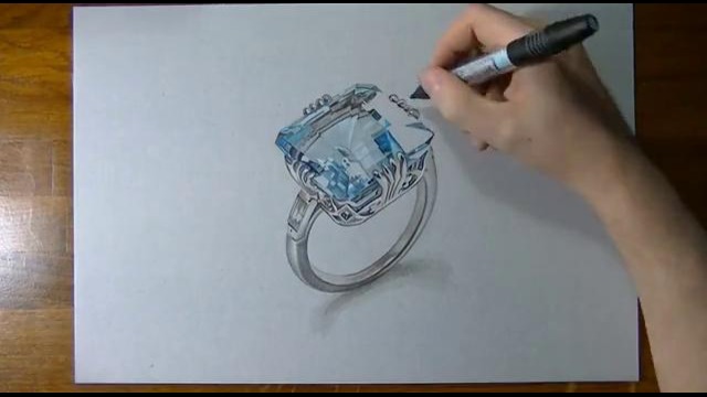 Рисование реалистичного кольца с аквамарином / How I draw an aquamarine ring
