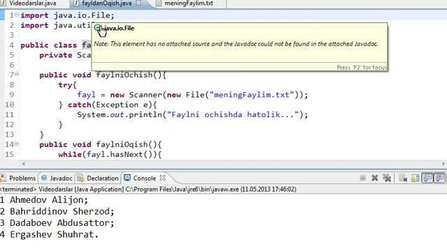 Javadan boshlang’ich darslar-81-fayldan O’qish