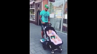 Man Utd’s Memphis Depay push a baby’s pram on chaser skateboard