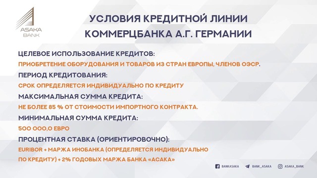 Банк "Асака" предлагает кредиты за счет кредитных линий иностранных банков