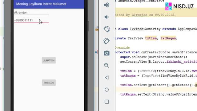 37 Android OS ga dasturlar yaratish – AS da Intent ma`lumot jonatish haqida