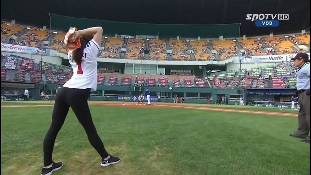 South Korean rhythmic gymnast Shin Soo-ji’s first pitch