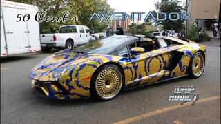 50 Cent`s Versace Wrapped Lamborghini Aventador on Gold Rims at DJ Envy Car Show