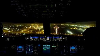 Cockpit View Airbus A380 Night Landing Dubai OMDB