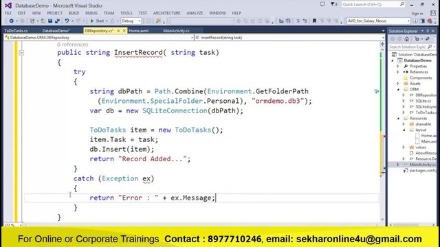 Interacting with database in Android App using C# with Xamarin