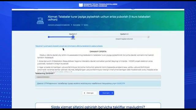 Talabalar turar joyiga ariza berish va shartnoma olish