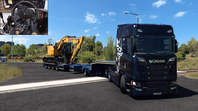 Transporting an excavator in Germany – Euro Truck Simulator 2 | Steering wheel gameplay