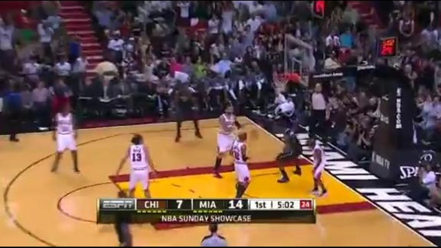 Lebron James insane alley oop dunk & jumps OVER John Lucas vs. Bulls 1-29-2012