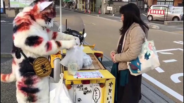 Повар в костюме Кота продаёт еду. Уличная Еда Китайская Уличная Еда Фаст-фуд в