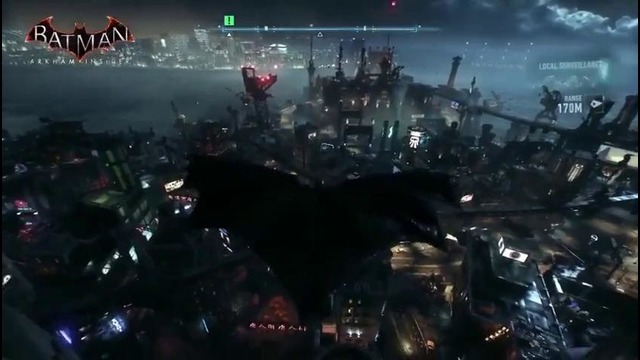 Бэтмен летает над ночным Готэмом в Batman: Arkham Knight