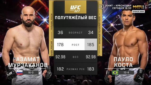 UFC 327: Азамат Мурзаканов — Пауло Коста (ПОЛНЫЙ БОЙ)
