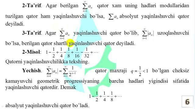 16-mavzu-O‘zgaruvchan ishorali qatorlar. Absolyut va shartli yaqinlashish. Funksional qatorlar. Qatorlarni hadma-had differensiallash va integrallash – Mover.uz