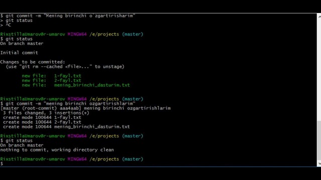 Git #4 – Dars – Git commit, gitda o`zgarishlarni talqinlar tarixiga qo`shish