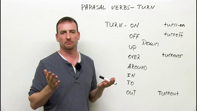 9 TURN Phrasal Verbs- turn on, turn off, turn over, turn around, turn out